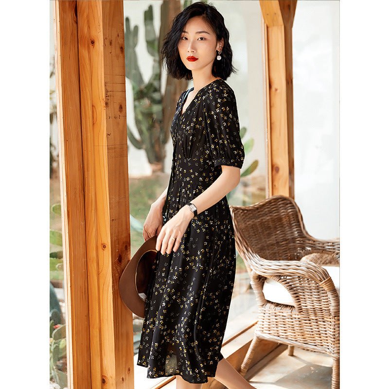 100% Silk Black Floral Print Dress Ladies Summer Chic Silk Dresses