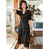 100% Silk Black Floral Print Dress Ladies Summer Chic Silk Dresses
