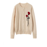 Womens Cashmere Cardigan Rose Embroidered Button Front Cashmere Knit Sweater