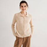 Womens Pure Cashmere Cardigan Cable Knit Button Front Polo Neck Cashmere Sweater