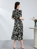 Abstract Print Silk Wrap Dress for Women Silk Midi Dress V Neck Short Sleeve Dress
