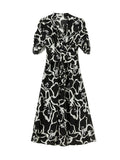 Abstract Print Silk Wrap Dress for Women Silk Midi Dress V Neck Short Sleeve Dress