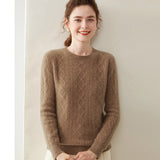 Womens Diamond Knit Cashmere Sweater Long Sleeve Crew Neck Cashmere Pullover