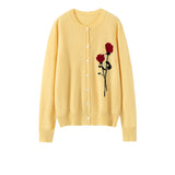 Womens Cashmere Cardigan Rose Embroidered Button Front Cashmere Knit Sweater