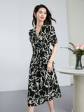Abstract Print Silk Wrap Dress for Women Silk Midi Dress V Neck Short Sleeve Dress