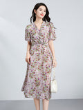 Womens Silk Floral Wrap Midi Dress Puff Sleeve Pleated Waist Silk Dress