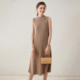 Womens Sleeveless Cashmere Dress Mock Neck Cashmere Knit Midi Dress