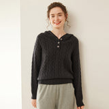 Womens Cable Knit Cashmere Hooded Cashmere Henley Sweater