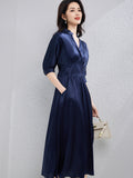 Womens Silk Midi Dress Draped V-Neck Cinched Waist Long Silk Dress