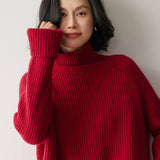 Womens Ribbed Cashmere Sweater Turtleneck Cashmere Raglan Pullover
