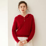Womens Cable Knit Cashmere Hooded Cashmere Henley Sweater