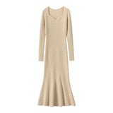 Womens Cashmere Sweater Dress Long Sleeve Ribbed Knit Cashmere Midi Dress