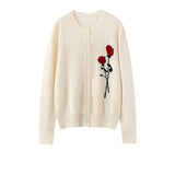 Womens Cashmere Cardigan Rose Embroidered Button Front Cashmere Knit Sweater