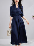 Womens Silk Midi Dress Draped V-Neck Cinched Waist Long Silk Dress