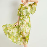 Womens Silk Chiffon Midi Dress Flutter Sleeve Watercolor Floral Green Silk Dress
