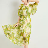 Womens Silk Chiffon Midi Dress Flutter Sleeve Watercolor Floral Green Silk Dress
