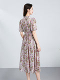 Womens Silk Floral Wrap Midi Dress Puff Sleeve Pleated Waist Silk Dress
