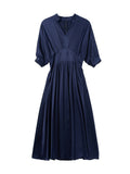 Womens Silk Midi Dress Draped V-Neck Cinched Waist Long Silk Dress