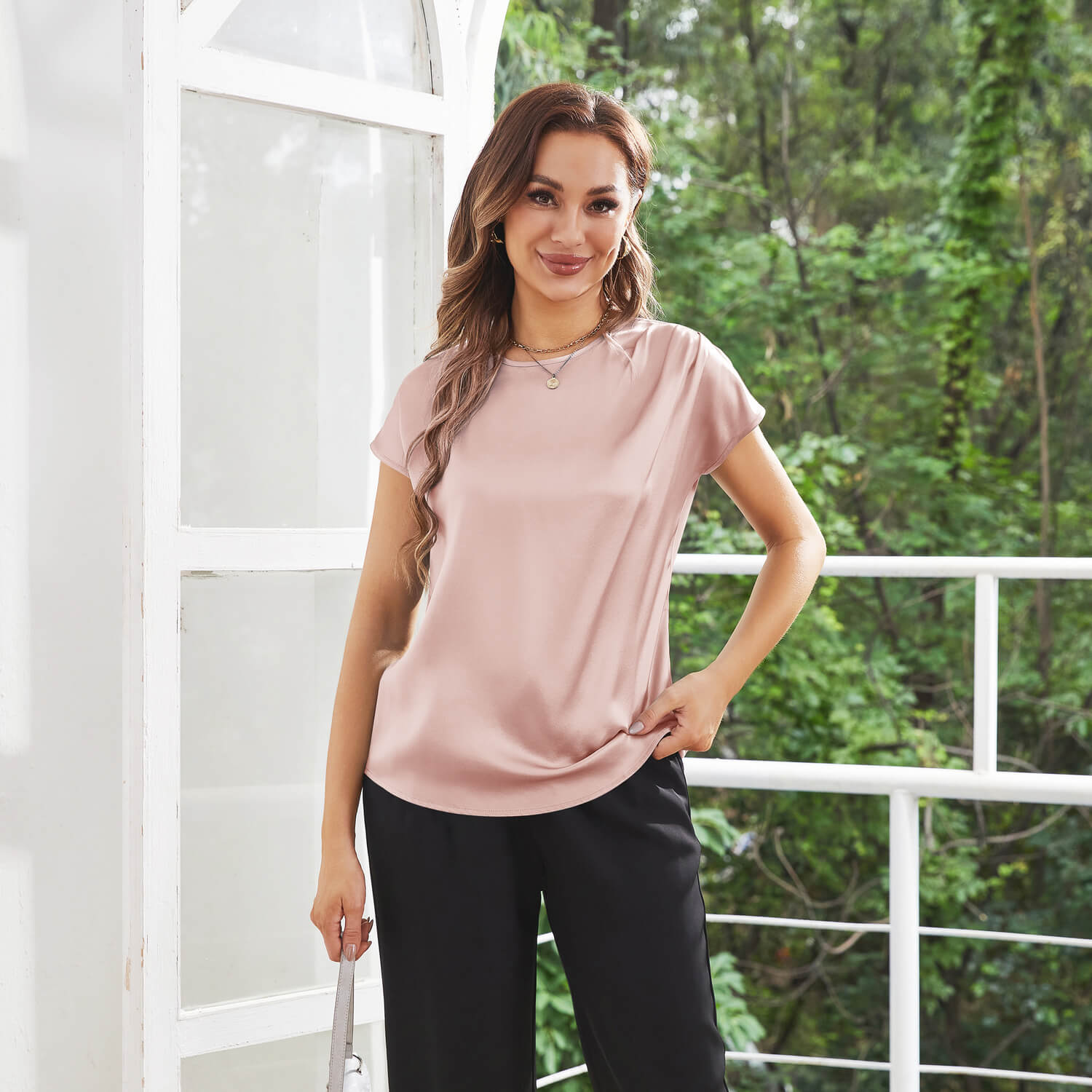 Womens Silk Tops Round Neck Short Sleeves Pure Silk Shirts