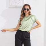 Womens Silk Tops Round Neck Short Sleeves Pure Silk Shirts