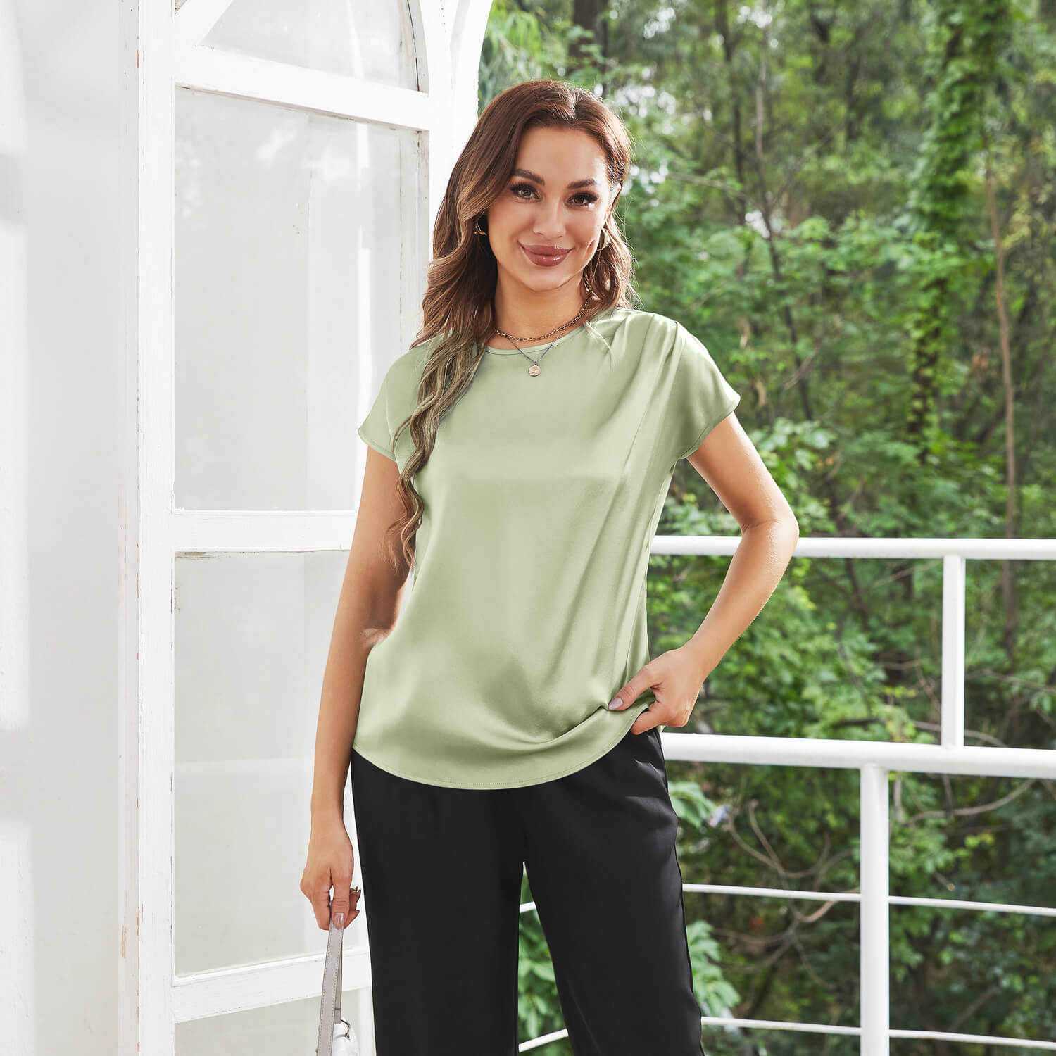 Womens Silk Tops Round Neck Short Sleeves Pure Silk Shirts