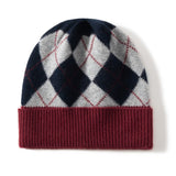 Argyle Cashmere Knit Beanie Patterned Cashmere Winter Cap Diamond Cashmere Hat