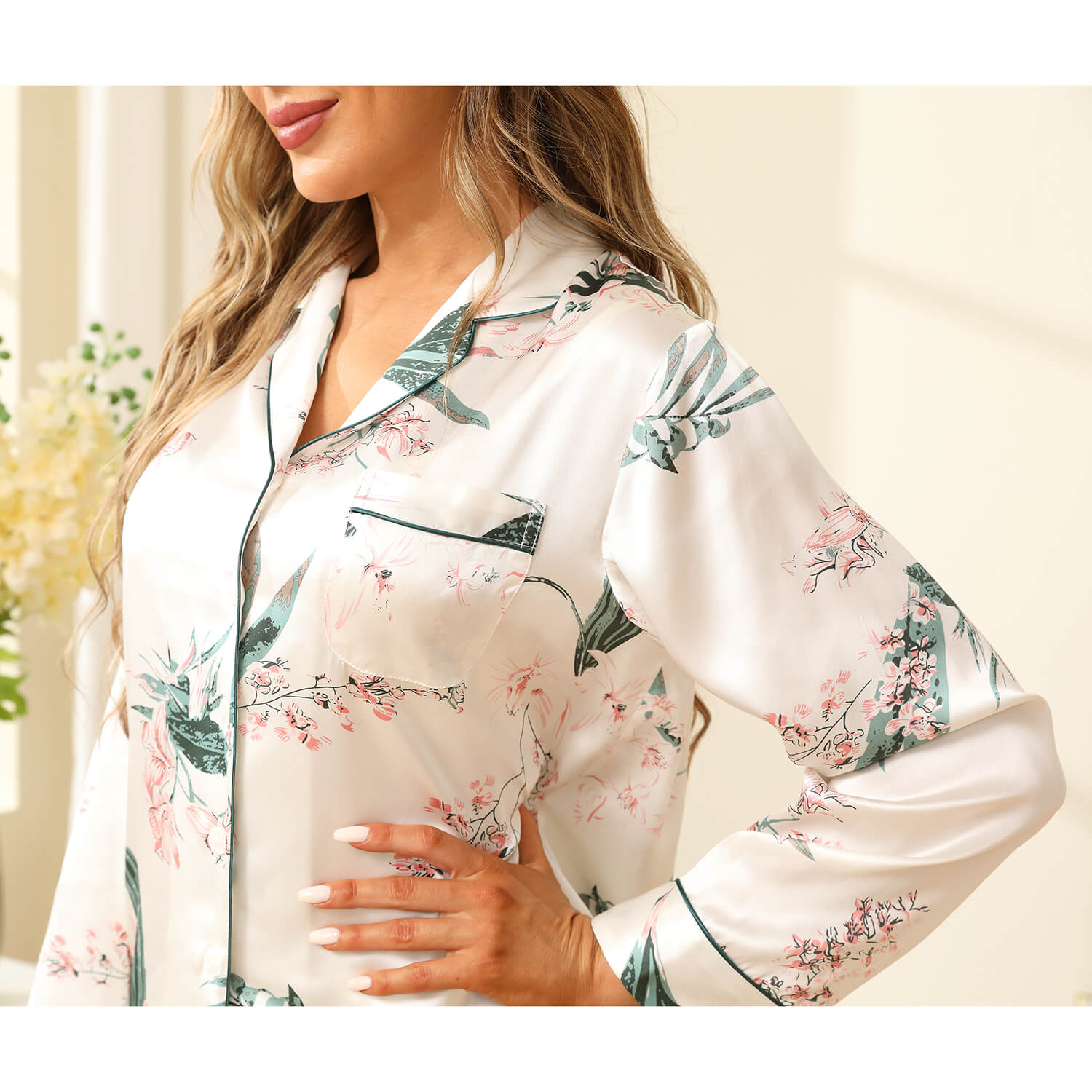 Silk Pajama Set For Women Long Flower Print Silk Pyjamas