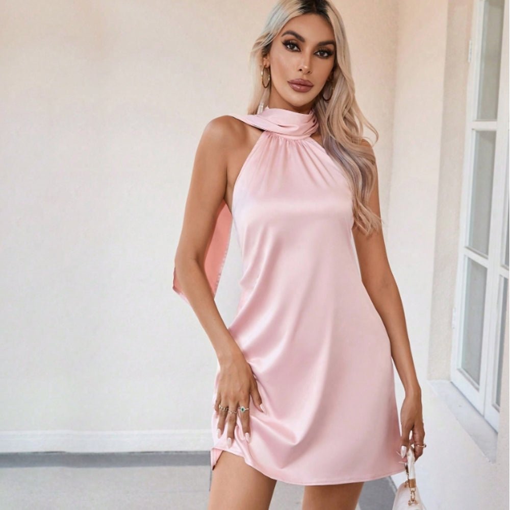 Blush Pink Silk Halter Mini Dress with Scarf Neck Open Back Short Silk Dress