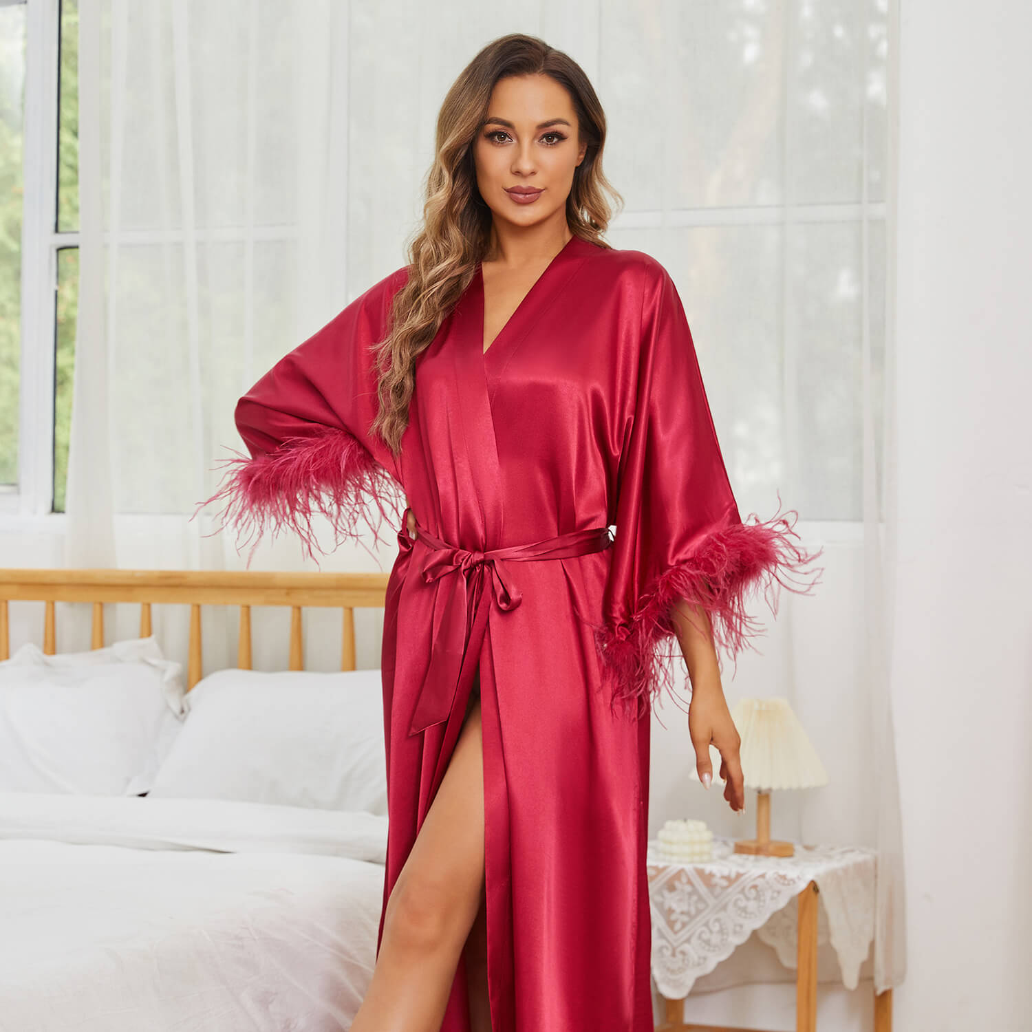Bridal Silk Kimono Robes With Ostrich Feather Silk Robe