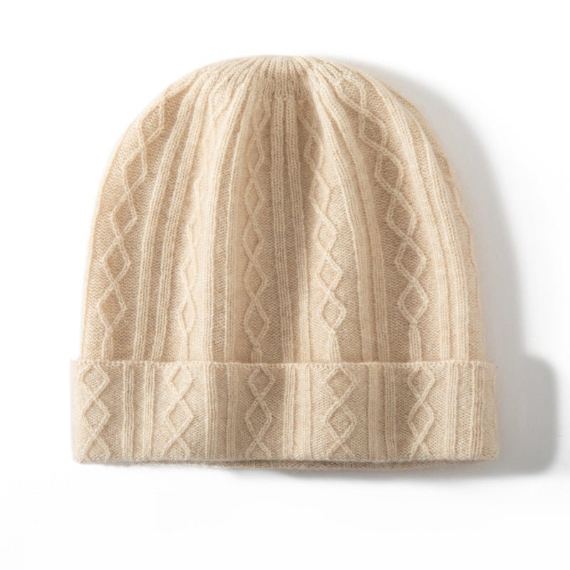 Cable Knit Cashmere Beanie Turn Up Brim Cashmere Knit Cap Winter Hat