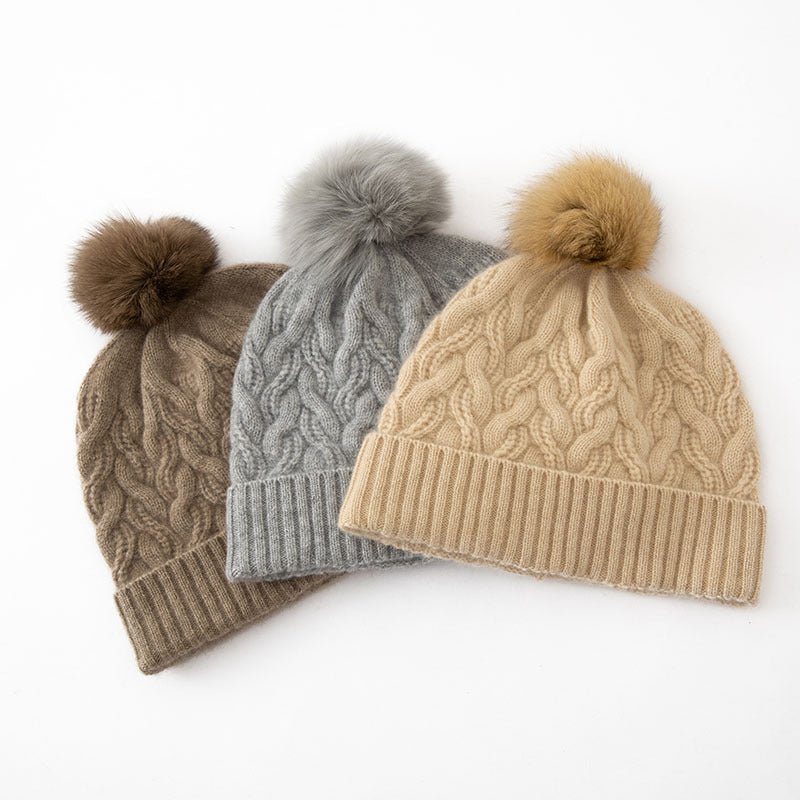 Cable Knit Pure Cashmere Beanie with Fur Pom Cashmere Hat Fluffy Pom
