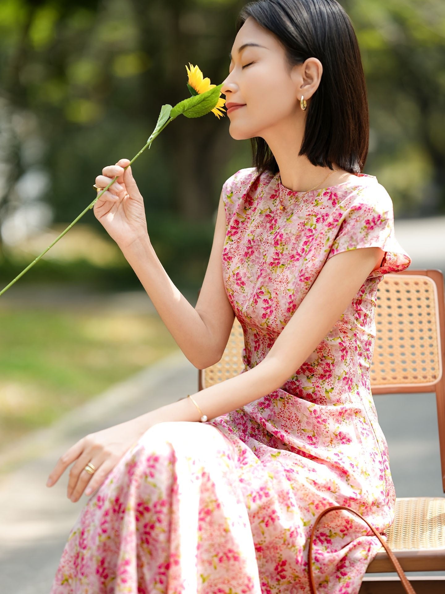 Cap Sleeve Silk Summer Dress Silk Maxi Dress for Women Long Silk Floral Dress Pink XS