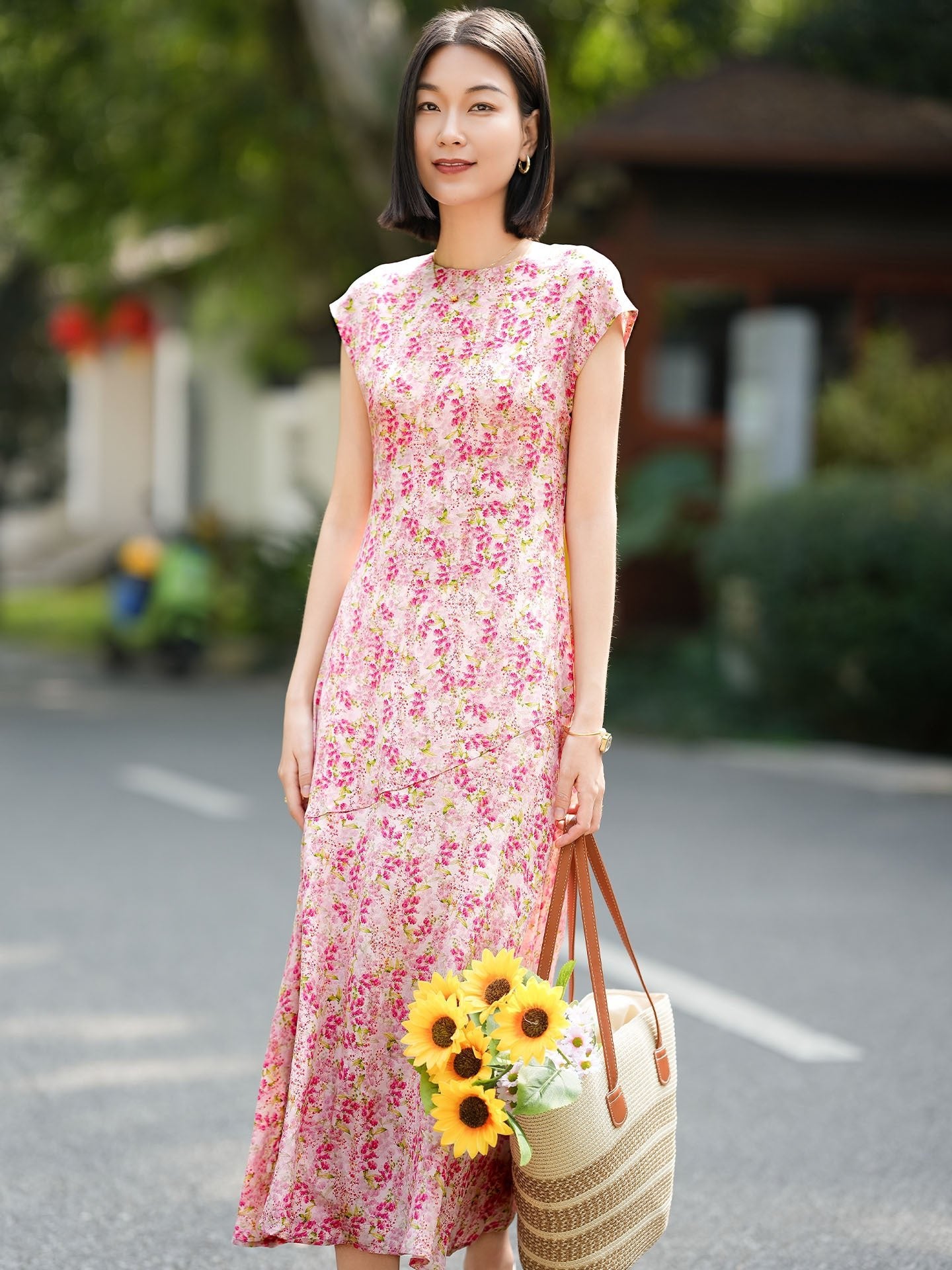 Cap Sleeve Silk Summer Dress Silk Maxi Dress for Women Long Silk Floral Dress Pink XS