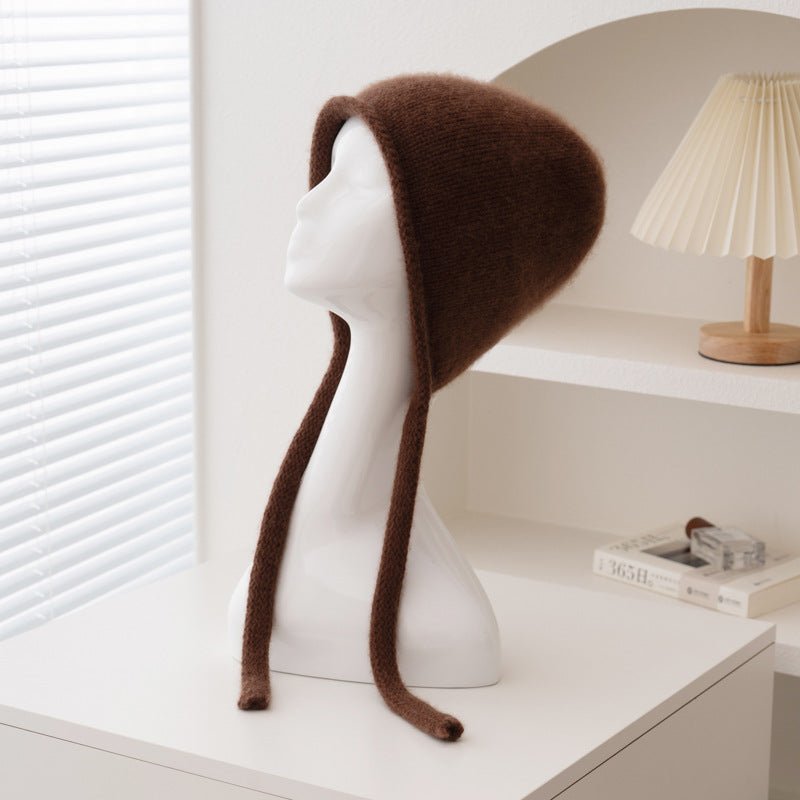 Cashmere Bonnet Hat with Ties Womens Ear Cover Cashmere Beanie