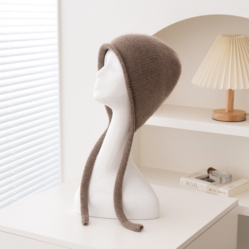 Cashmere Bonnet Hat with Ties Womens Ear Cover Cashmere Beanie