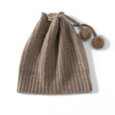 Cashmere Pom - Pom Beanie Hat With Drawstring Closure Thick Ribbing Hats