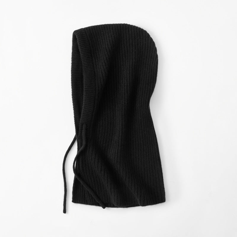 Cashmere Ribbed Knit Hood Adjustable Drawstring Cashmere Balaclava