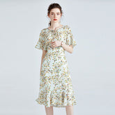 Floral pure silk Dress For womens Short Sleeve Summer Party Silk Dress