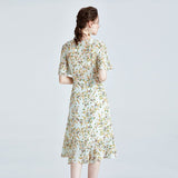 Floral pure silk Dress For womens Short Sleeve Summer Party Silk Dress