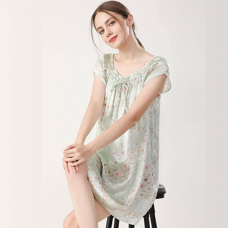 Floral Print Silk Nightgown For Women Loose Silk Nightdress