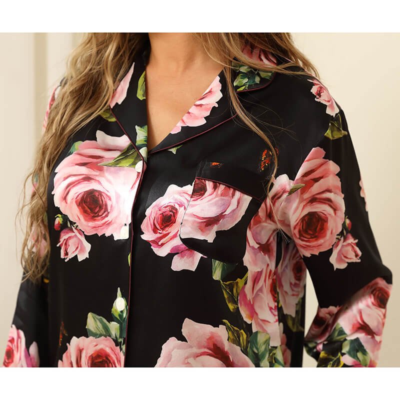 Floral Silk Pajama Set For Women Printed pure Silk nightwear Black XS