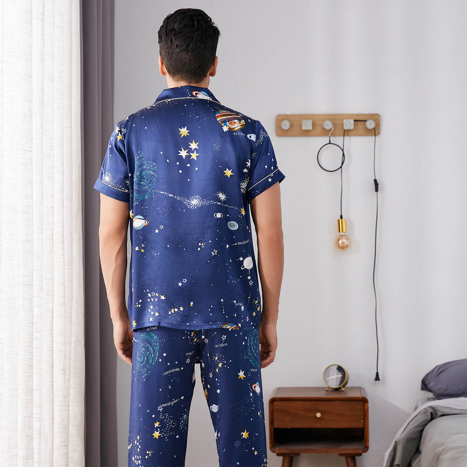 Galaxy Printed Silk Pajama Set For Mens Luxury Silk Nightwear