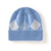 Kids Argyle Cashmere Beanie Hat Ribbed Edge Cashmere Beanie with Diamond Pattern