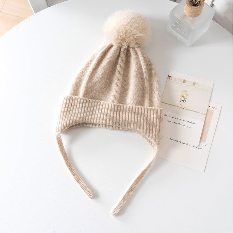 Kids Cashmere Knit Hat with Earflaps and Ties Pom - Pom Cashmere Beanie