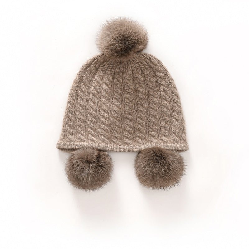 Kids Cute Cashmere Beanie with Real Fur Poms Knit Cashmere Hat