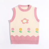 Kids Sleeveless Knit Vest Smiling Flower and Tulip Cashmere Sweater