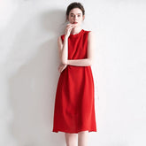 Ladies Red Sleeveless Dress Pure Color Silk Dress 100% Pure Mulberry Silk Dresses