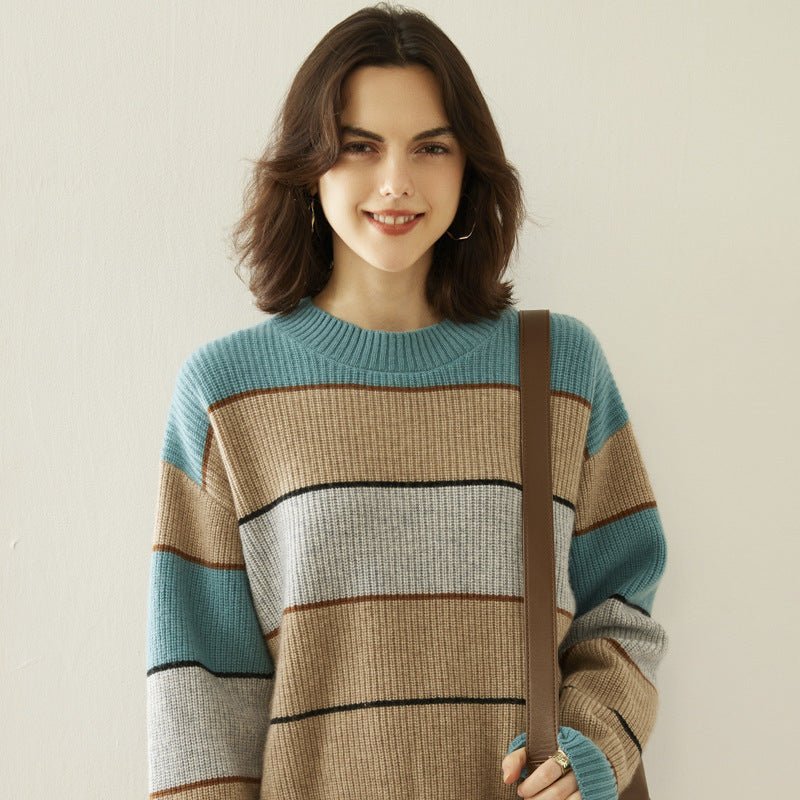 Lady Striped Cashmere Sweater Crewneck Colorblock Knit Drop Shoulder