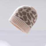 Leopard Jacquard Cashmere Beanie for Women Rib Knit Cashmere Hat