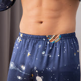 Long Galaxy Print Men Silk Pajama Set Luxury Silk Nightwear